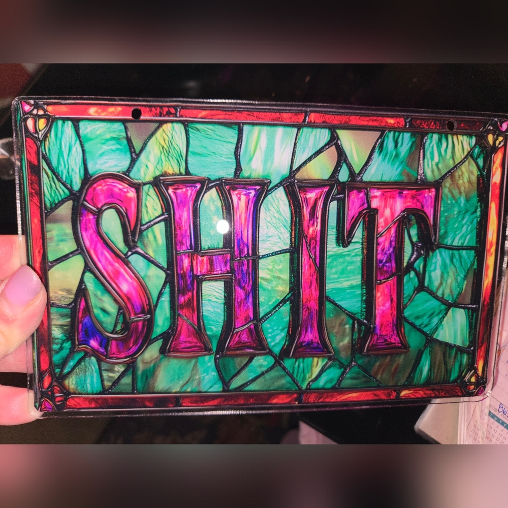 Stained "Glass-like" (Sturdy Plastic) 'SHIT' Decorative Window Art- Pink & Green